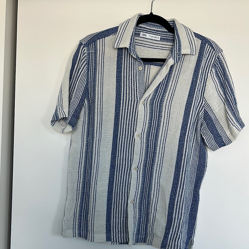 Zara Blue and White Striped Men's Shirt